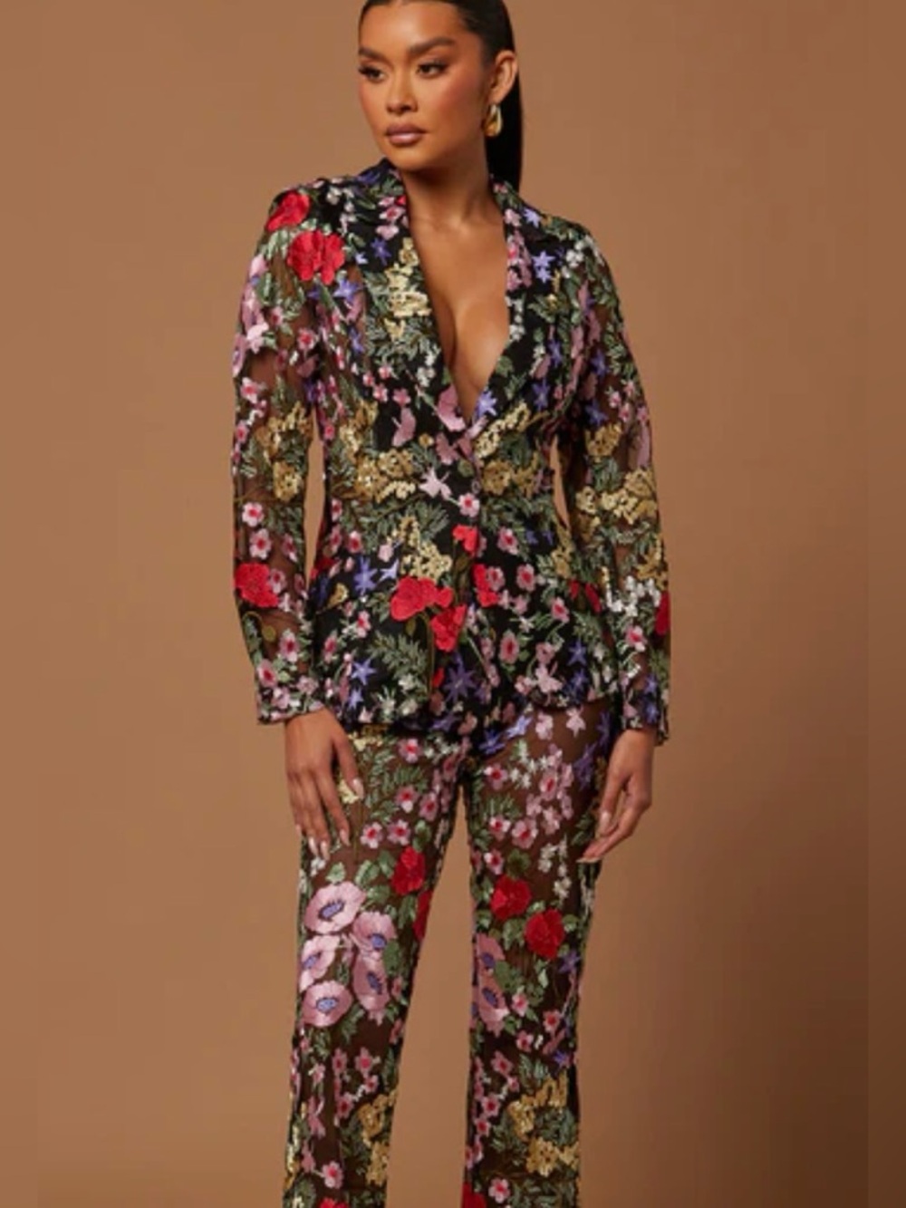 Fashion Nova Black Sheer Floral Wide Leg Jumpsuit - Picture 4 of 7